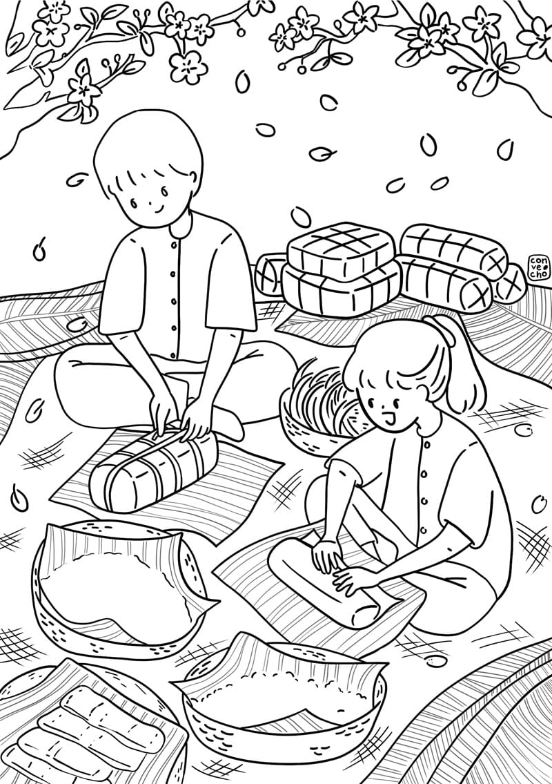 Tranh tô màu gói bánh chưng, bánh tét ngày Tết